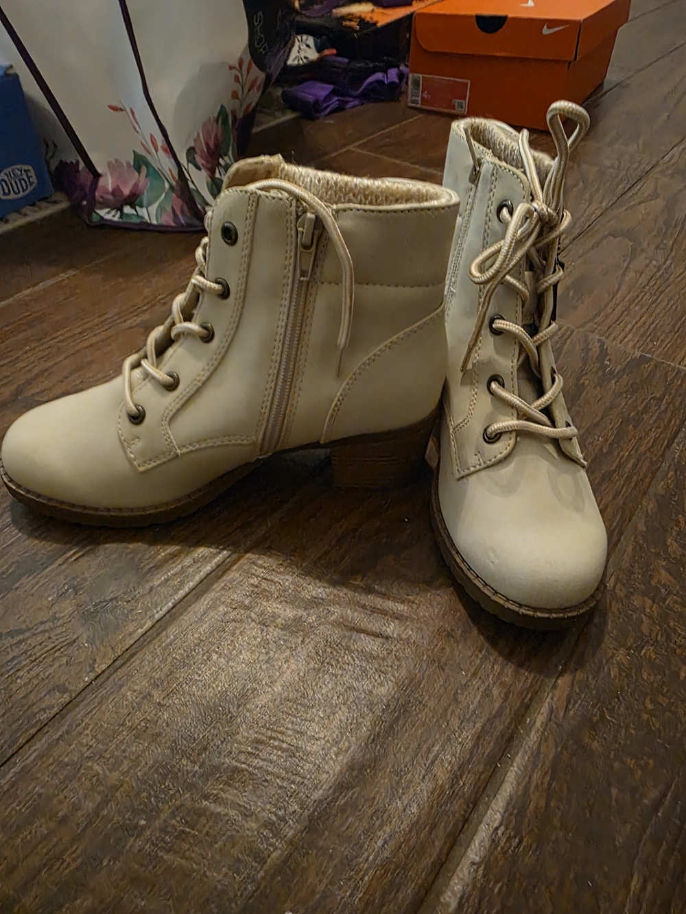 Cream Lace-Up Ankle Boots with Side Zip